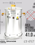 El Barril Grande de 38 Libras de Humo Barriles México es la opción de mayor capacidad para parrilladas profesionales, con unas dimensiones de 93.3 cm de altura, 60.2 cm de ancho y un área de cocción interna de 41 cm