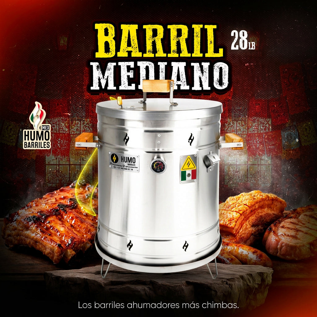 Barril asador con capacidad de 28 libras edición mexicano con comida asada al fondo