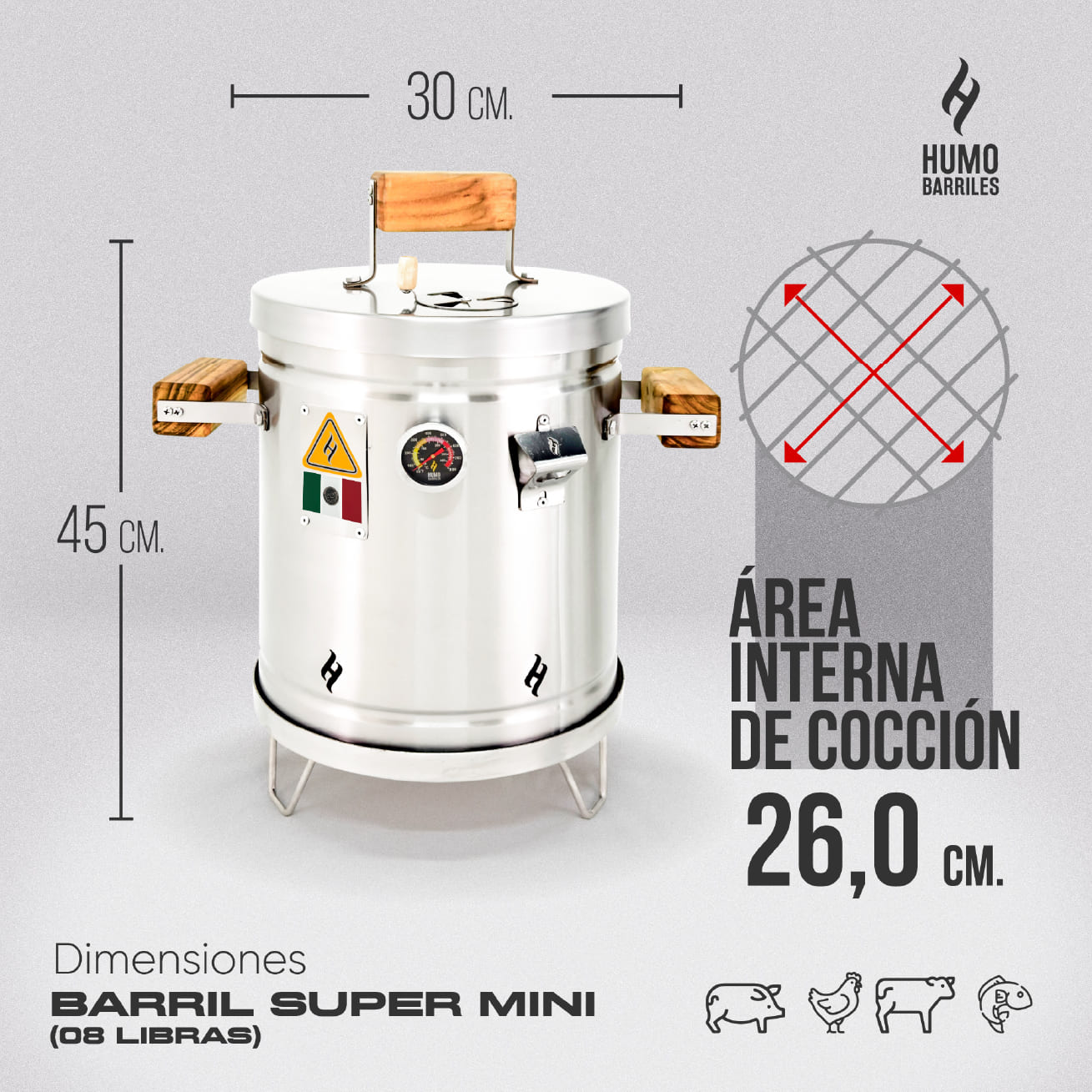 BARRIL SUPER MINI
8L
Alto 45cm 
Ancho 30cm
Área de cocción interna 41cm
